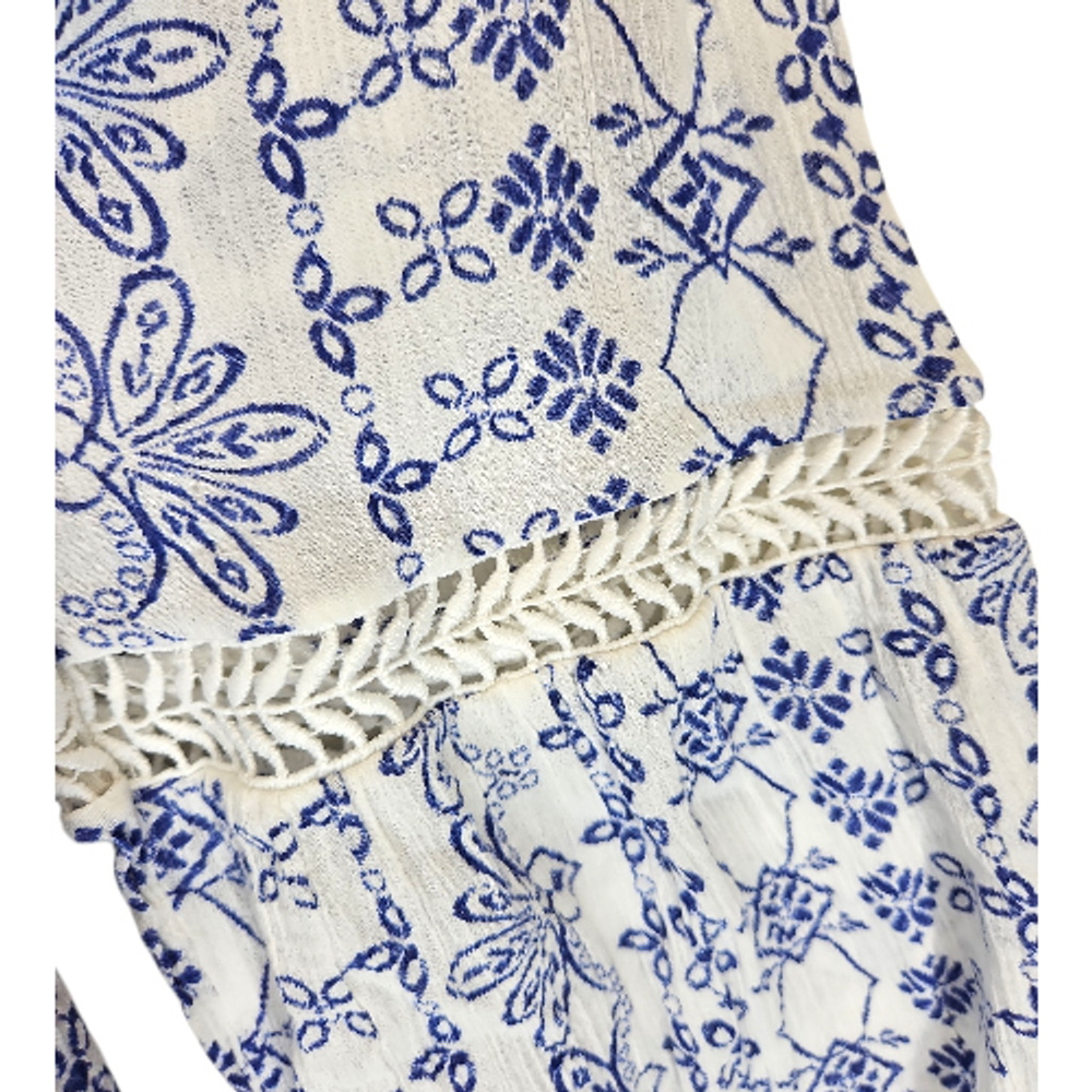 LOFT Ann Taylor Blue White Peasant Blouse Women L Boho Long Sleeve Cottagecore - Picture 5 of 7